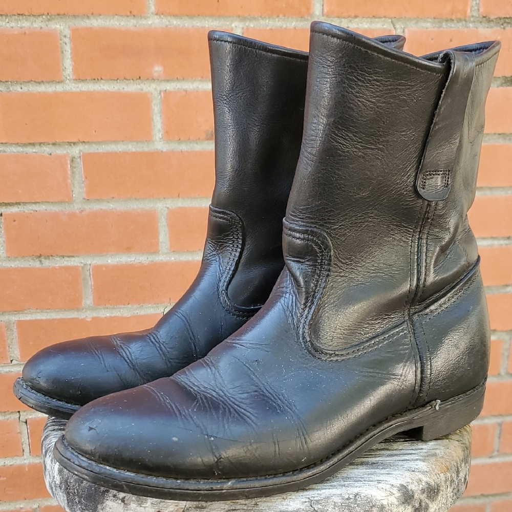 Vintage Red Wings 9" Pull On Boot #0345. Black. Men's Size 9 B Narrow) USA. EUC.